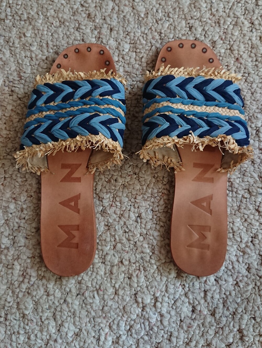 Manebi Yucatán Blue Pattern Raffia & Chiffon Sandals size 7